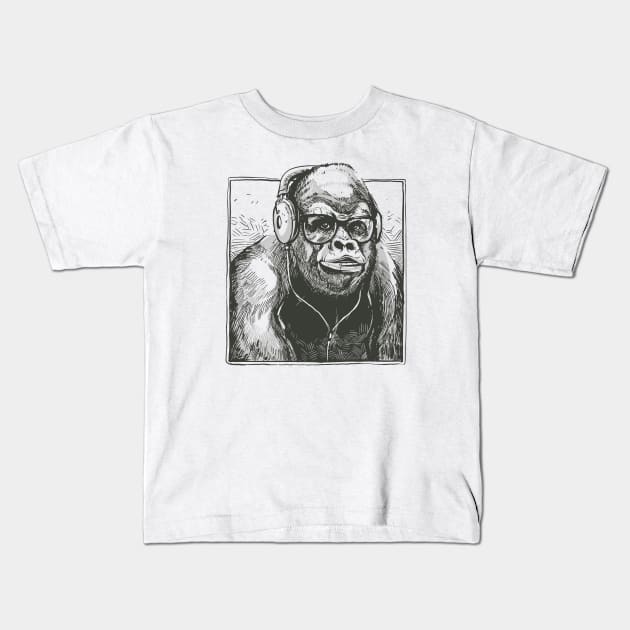 Hipster Gorilla with Headphones // Funny Gorilla Sketch Kids T-Shirt by SLAG_Creative